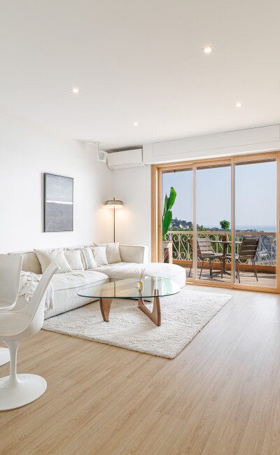 Bright living room in Villefranche-sur-Mer apartment with terrace and sea view